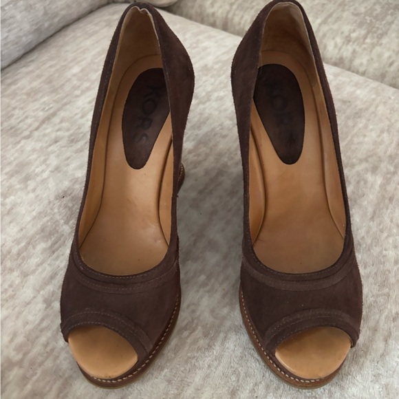 Michael Kors Shoes - Michael Kors Brown Peep-Toe Suede Wedges
